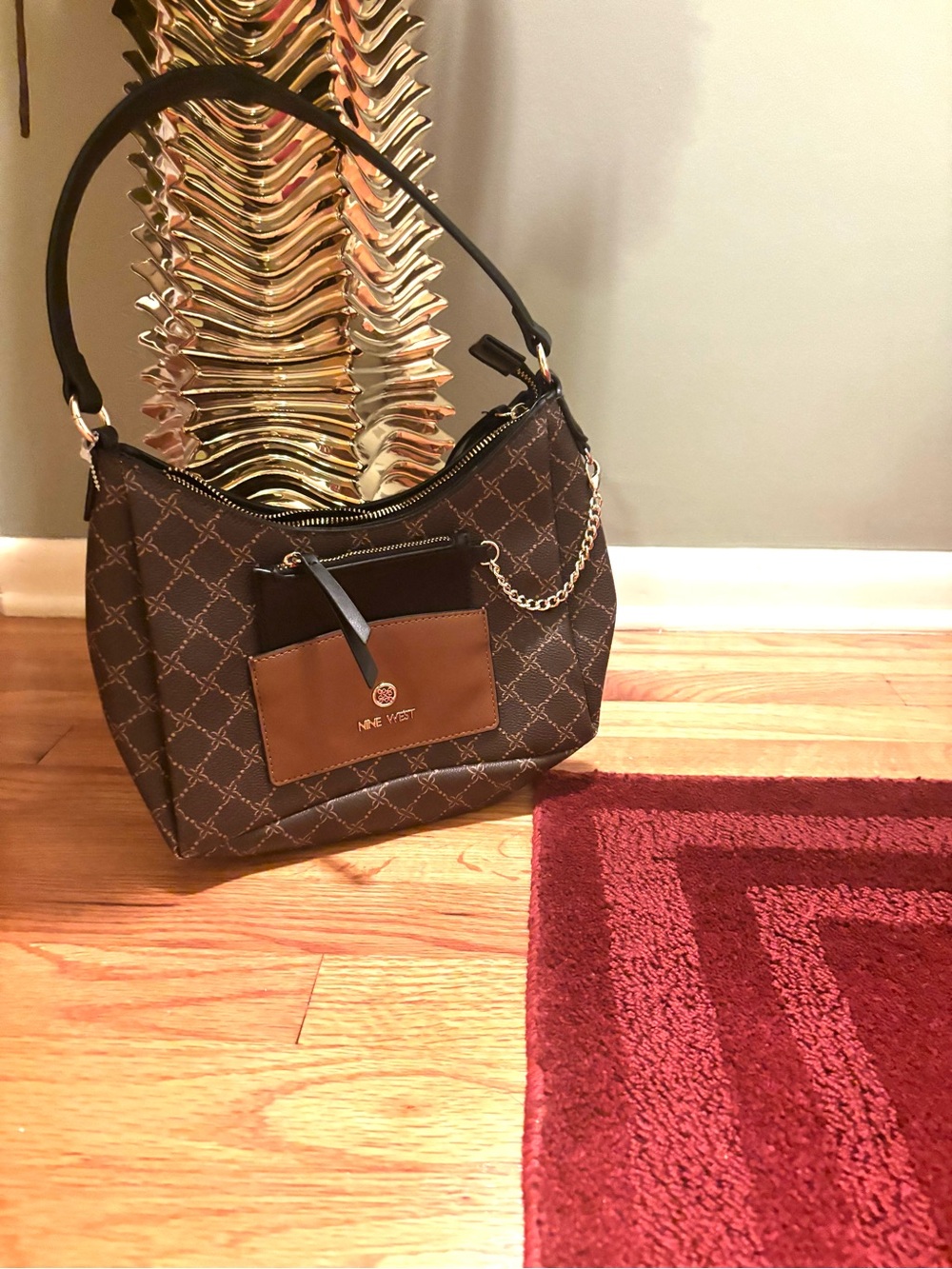 Nine West Brown Logo-Print Shoulder Bag with Tan Front Pocket and Gold Chain - Picture 1 of 6